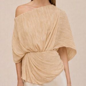 cult gaia One-Shoulder Draped Pleated Top in Metallic Gold Beige